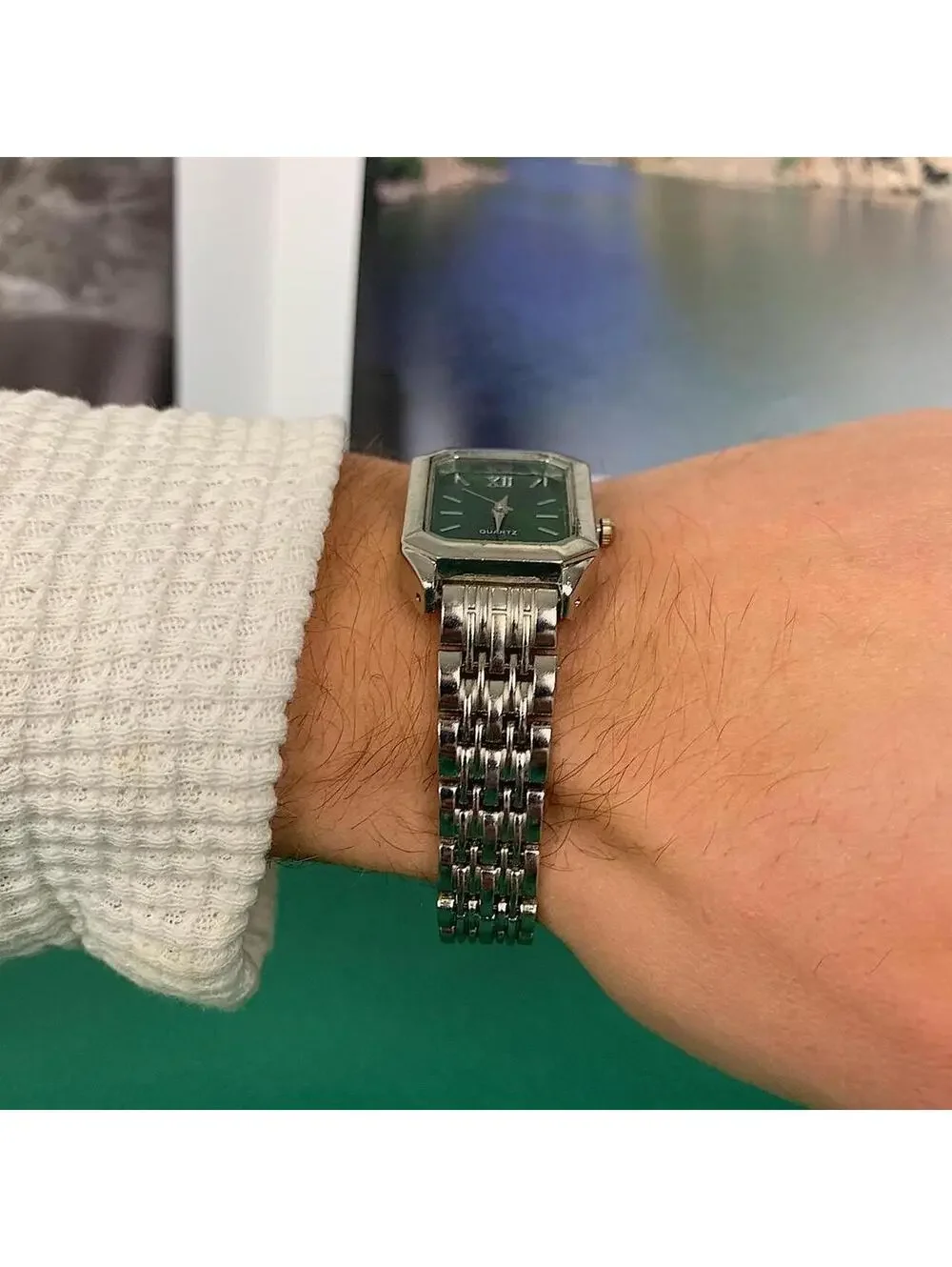 Y2K 2000s Vintage Minimalist Classy Stainless Steel Rectangular Green Face Watch